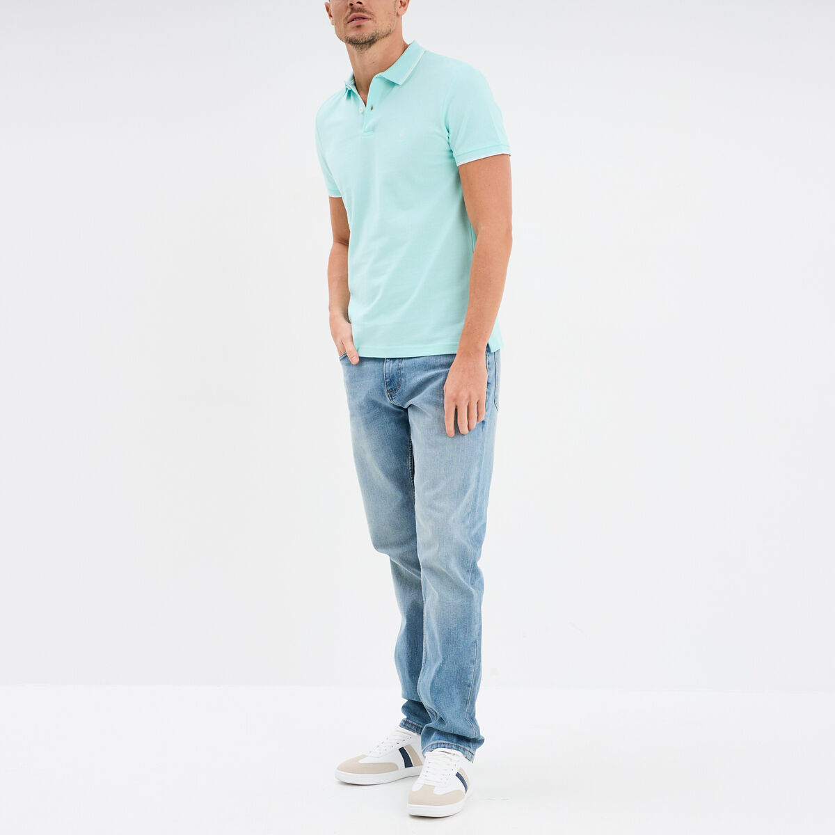 Polo piqu&eacute; coton manches courtes bleu turquoise homme