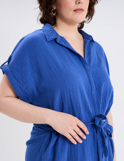 Robe manches courtes en gaze de coton bleu roi femme grande taille