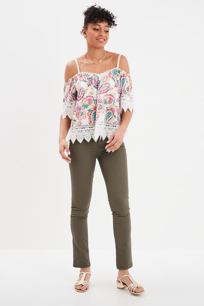 Pantalon slim taille normale vert kaki femme