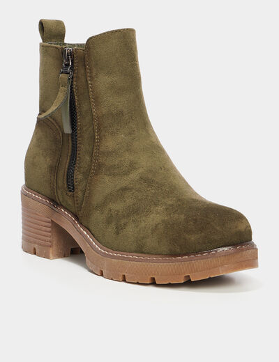 Bottines &agrave; talons effet daim zipp&eacute;es vert kaki femme