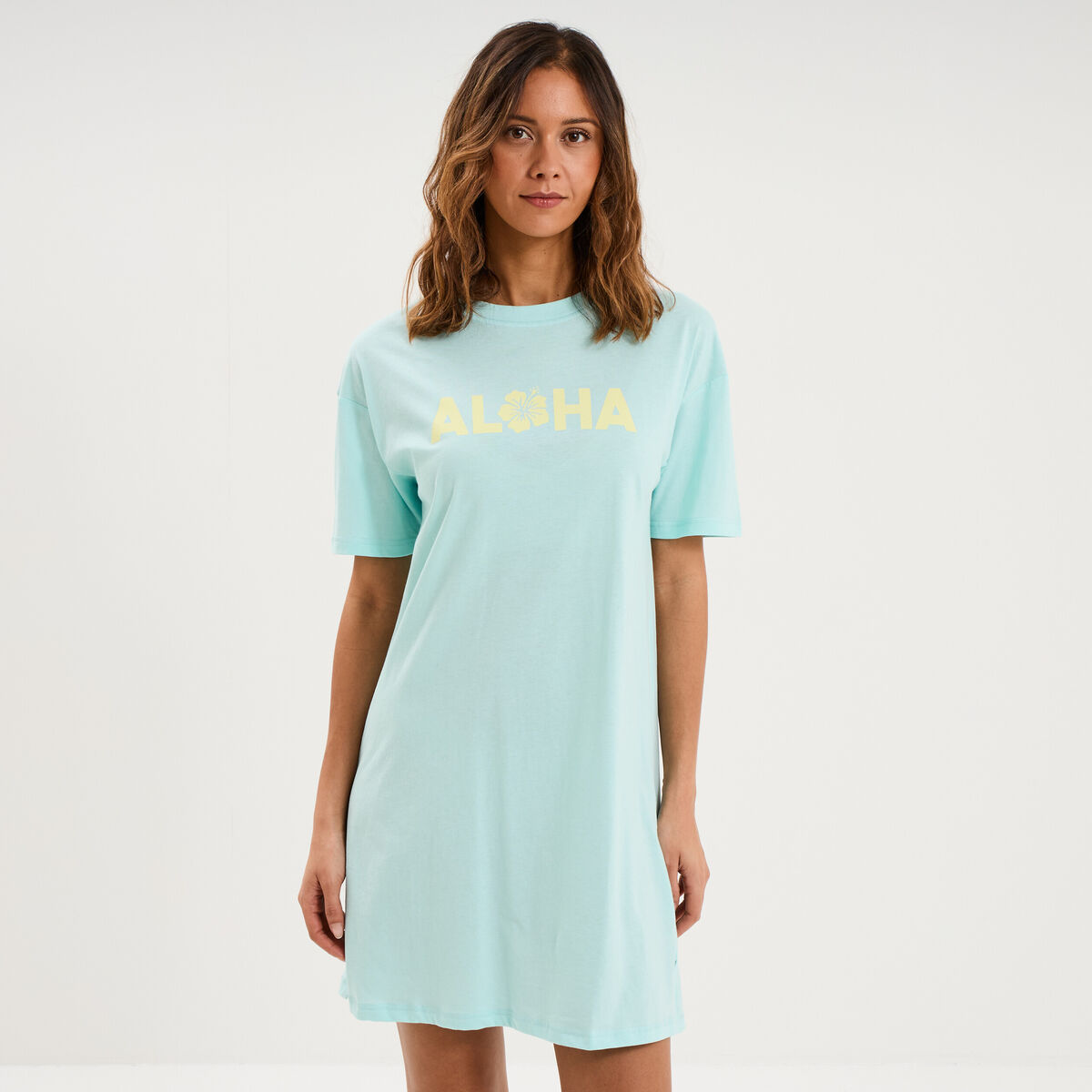 Chemise de nuit manches courtes coton bleu turquoise femme