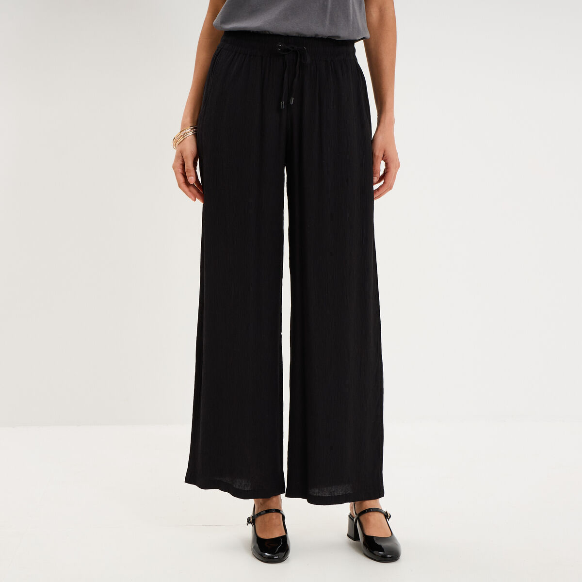 Pantalon effet cr&ecirc;pe taille &eacute;lastiqu&eacute;e noir femme