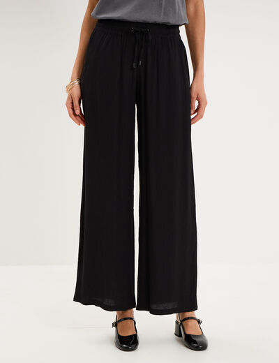 Pantalon effet cr&ecirc;pe taille &eacute;lastiqu&eacute;e noir femme