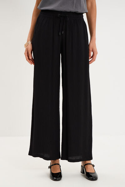 Pantalon effet cr&ecirc;pe taille &eacute;lastiqu&eacute;e noir femme