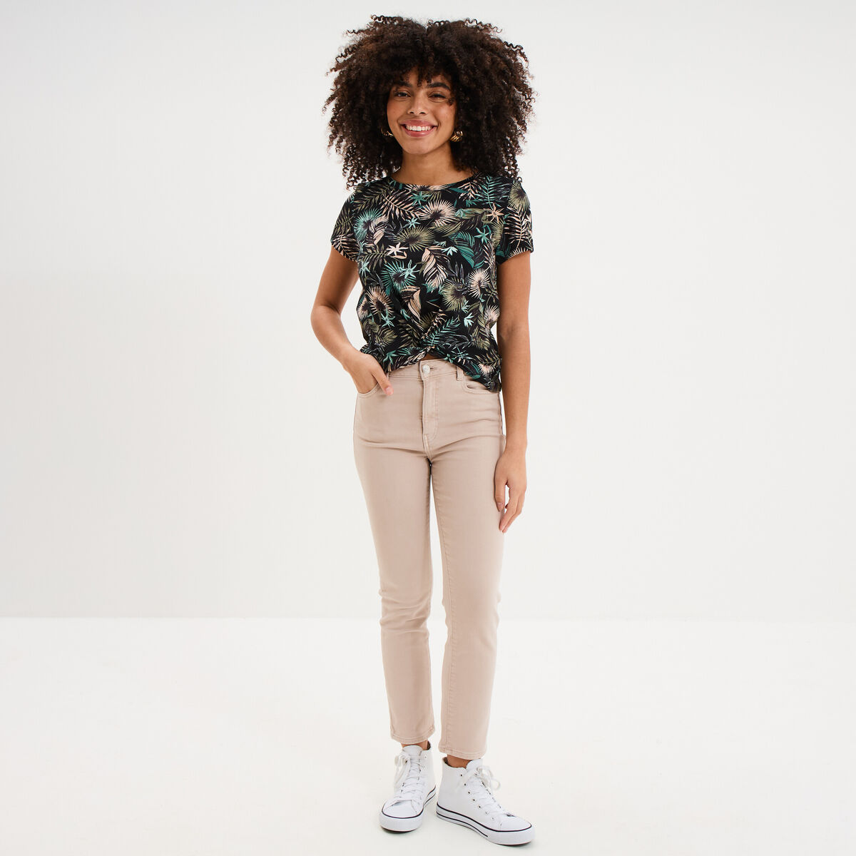T-shirt taille effet nou&eacute; coton noir femme