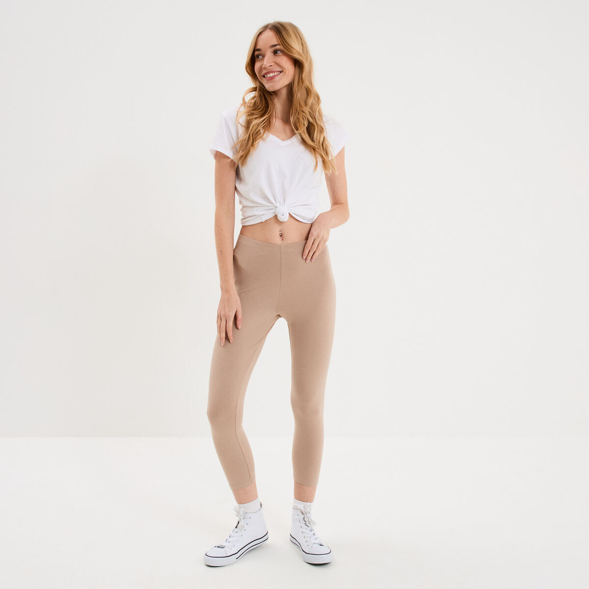 Legging 7/8 &egrave;me taille &eacute;lastiqu&eacute;e sable femme
