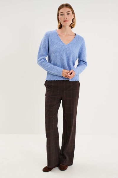 Pull col V ajour&eacute; manches longues bleu ciel femme