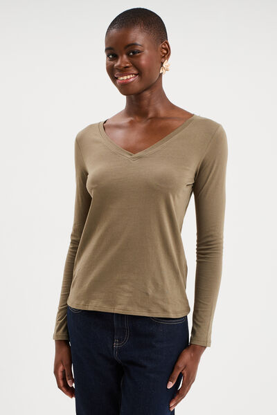 T-shirt col en V manches longues coton vert kaki femme