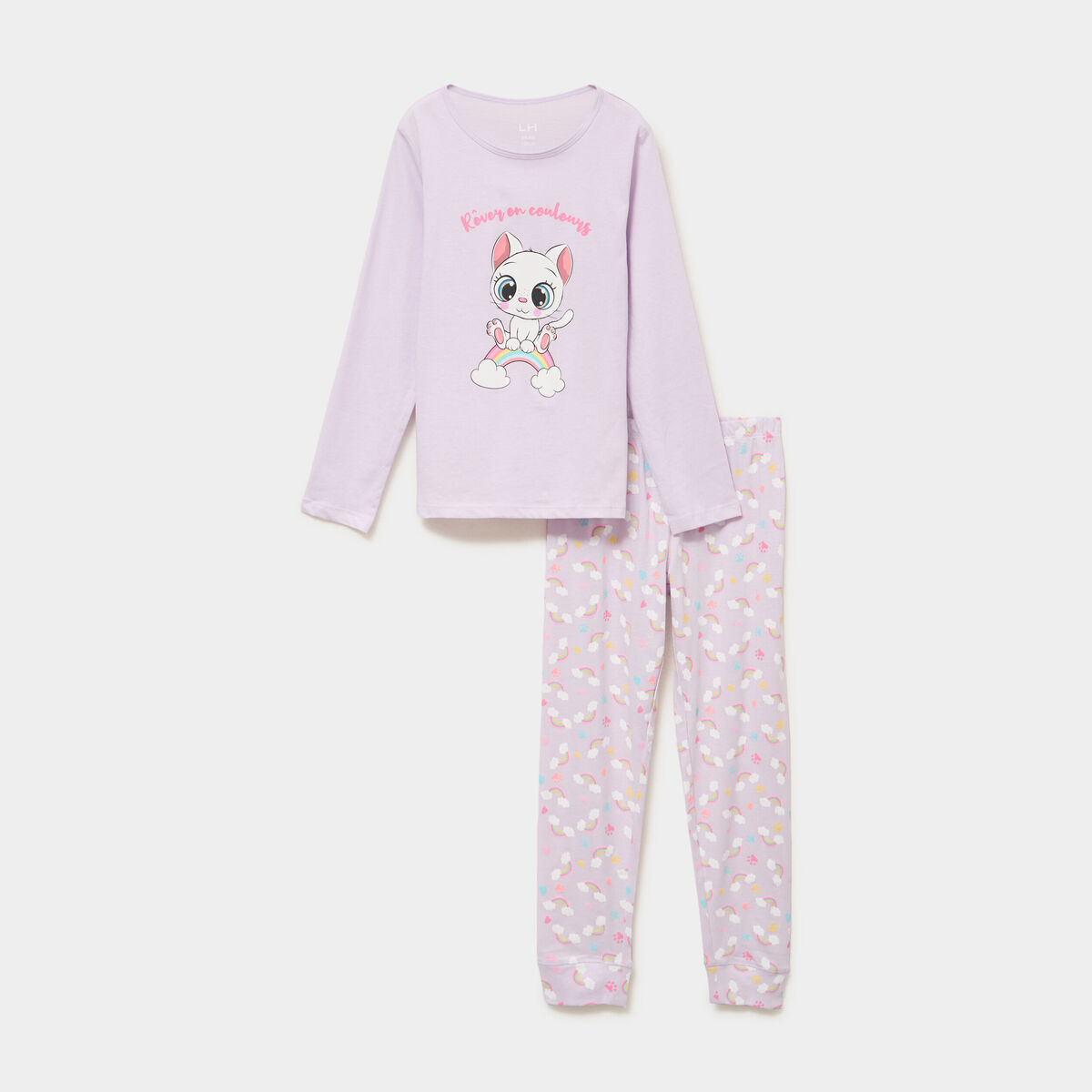 Ensemble pyjama 2 pi&egrave;ces coton violet clair fille