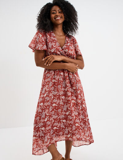 Robe longue évasée col cache-coeur terracotta femme