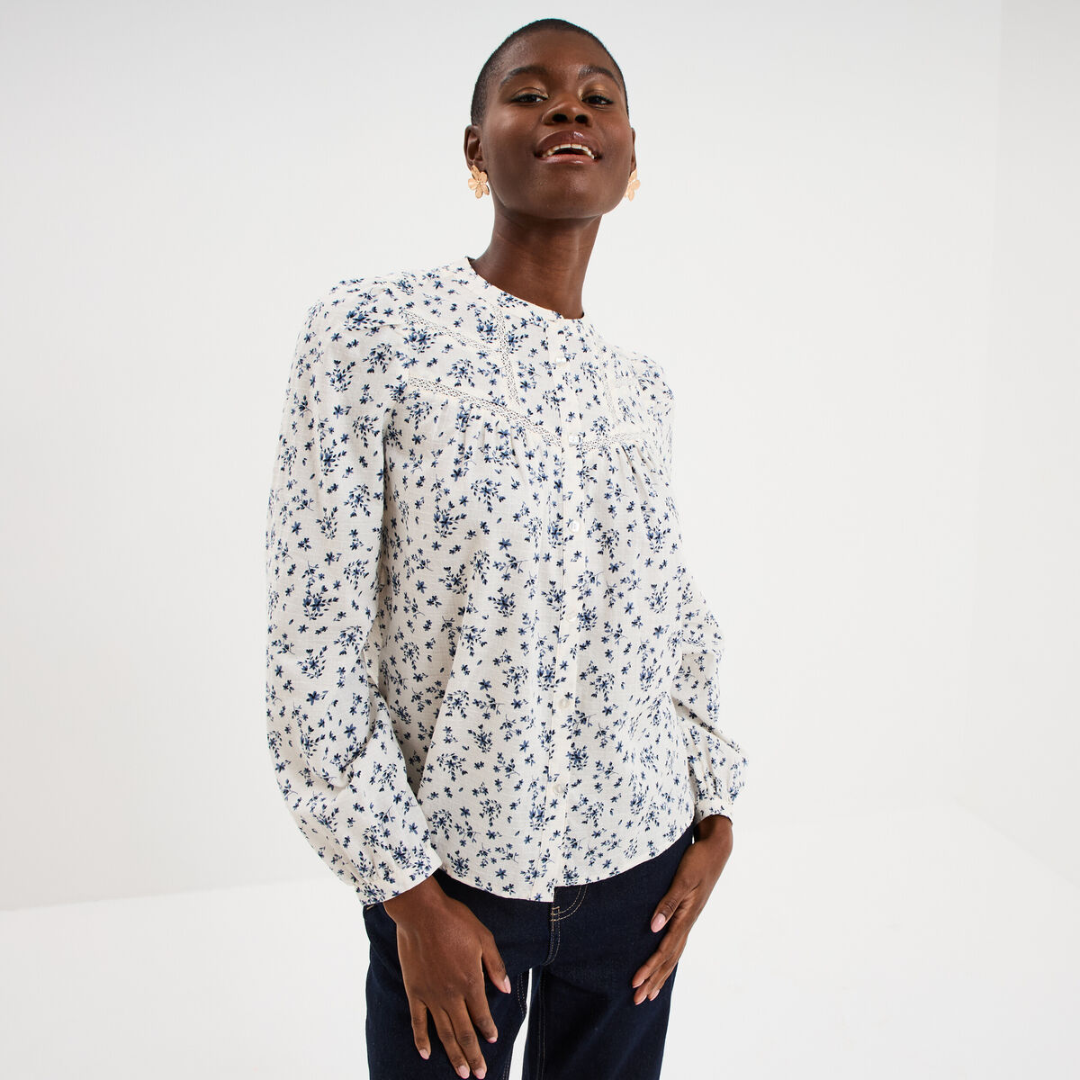 Blouse droite manches longues coton ecru femme