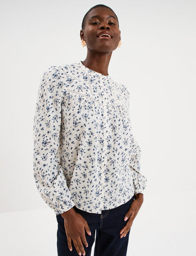 Blouse droite manches longues coton ecru femme
