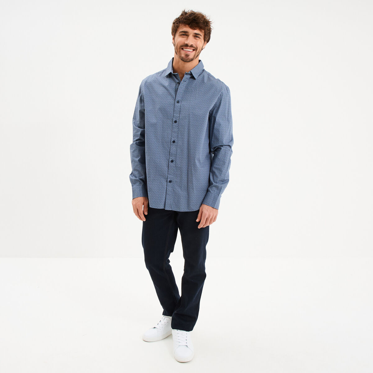Chemise droite imprim&eacute;e manches longues blanc homme