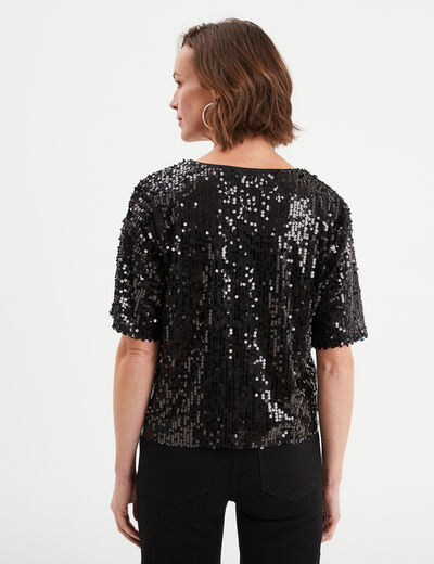 T-shirt à sequins manches courtes droit noir femme