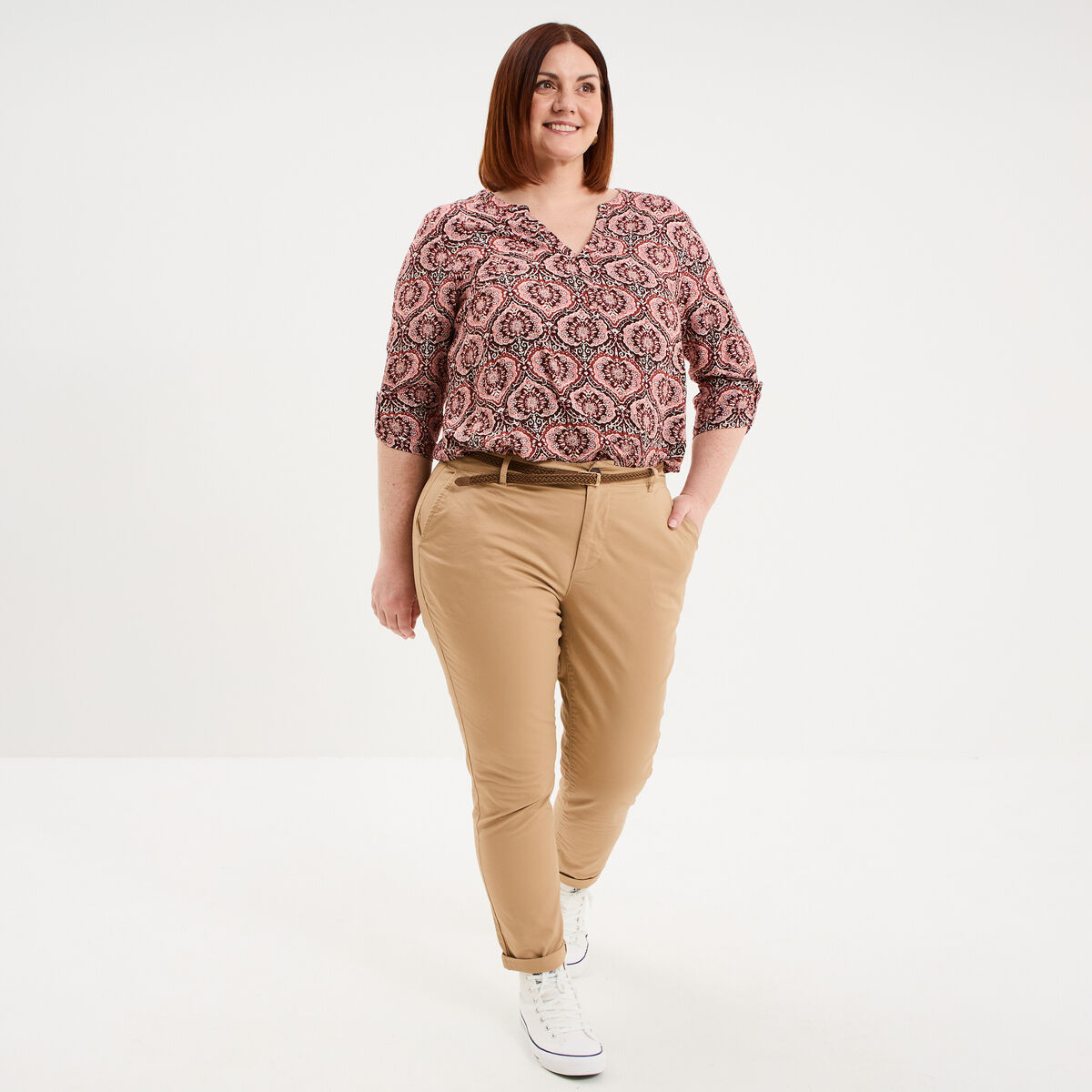 Pantalon chino taille haute coton beige femme grande taille