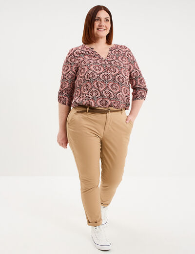 Pantalon chino taille haute coton beige femme grande taille