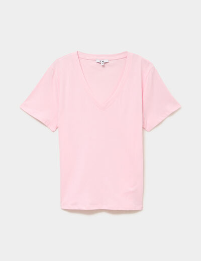 T-shirt manches courtes col en V coton rose clair femme
