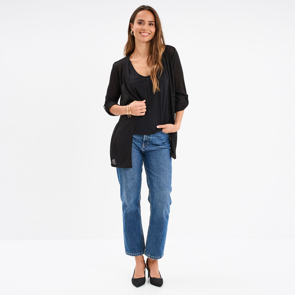 Gilet fin mi long manches 3/4 noir femme