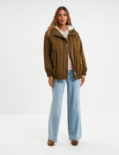 Parka oversize capuche doubl&eacute;e sherpa vert olive femme