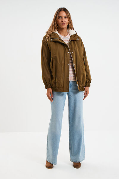 Parka oversize capuche doubl&eacute;e sherpa vert olive femme