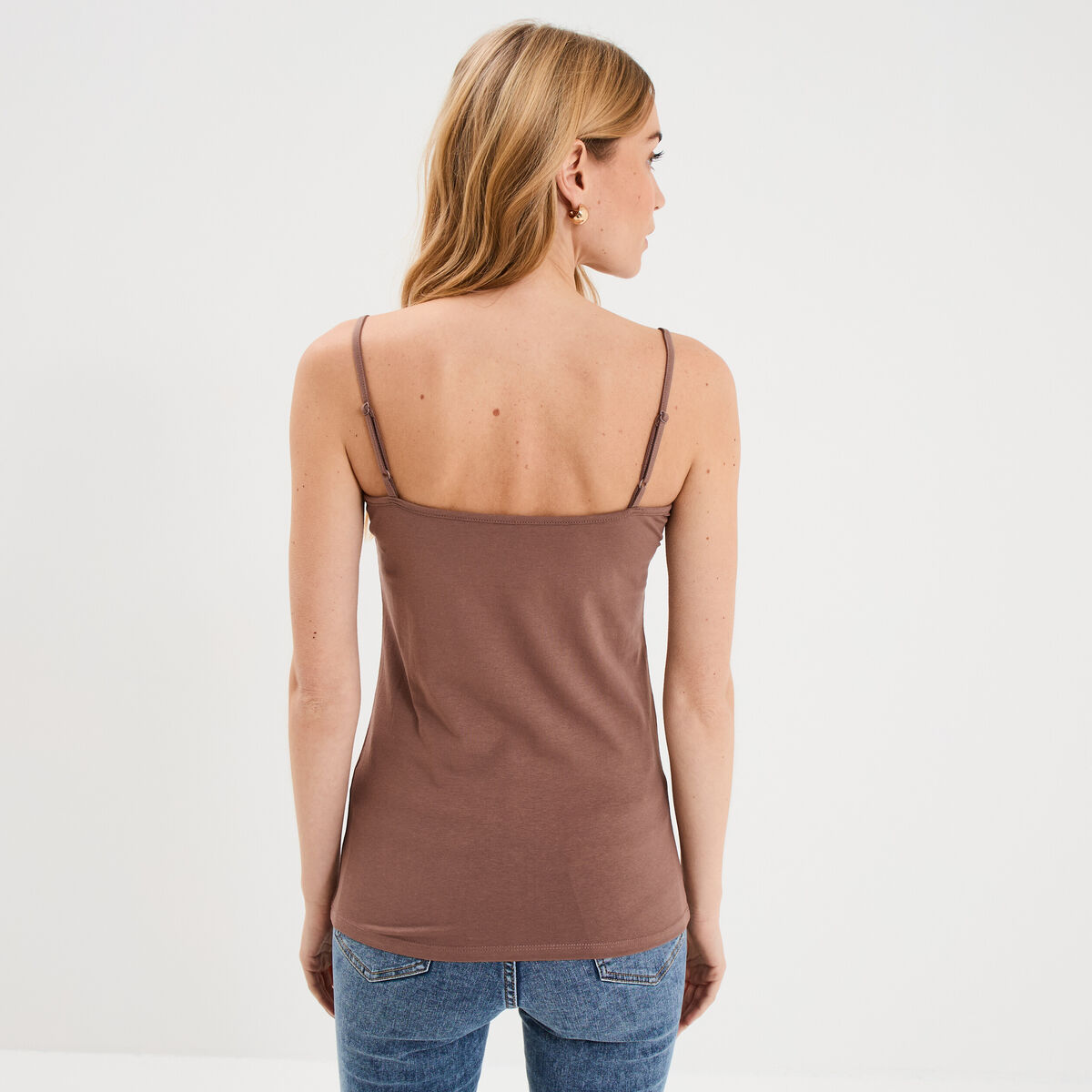 D&eacute;bardeur coton bretelles r&eacute;glables marron cognac femme