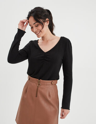 T-shirt ajusté froncé col en V noir femme