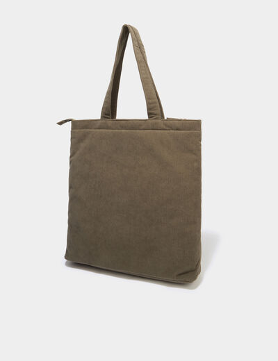 Sac tote bag zipp&eacute; effet velours vert kaki femme
