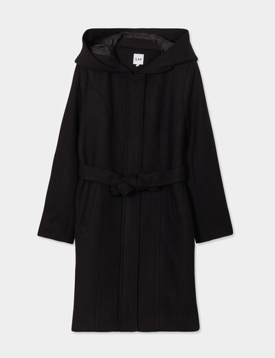 Manteau long ceinturé à capuche noir femme