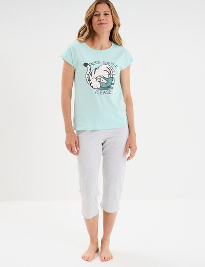 Ensemble pyjama corsaire t-shirt coton bleu turquoise femme