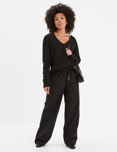 Pull droit ample col V fentes aux côtés noir femme