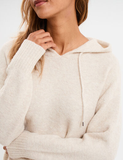 Pull &agrave; capuche manches longues ecru femme