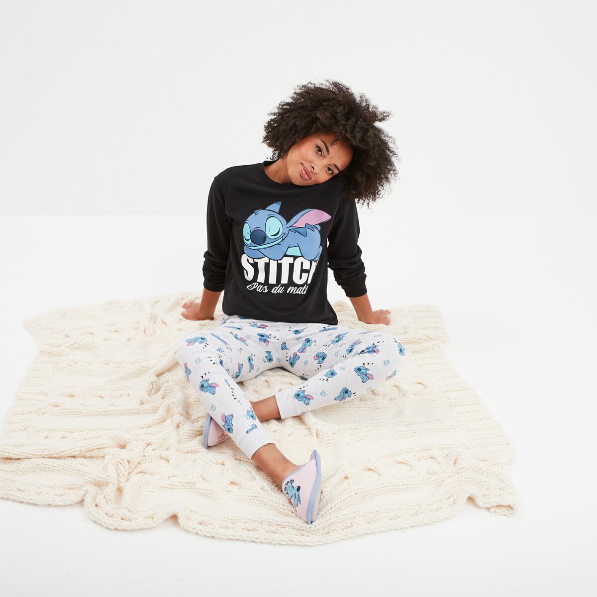 Ensemble pyjama pantalon coton Stitch noir femme