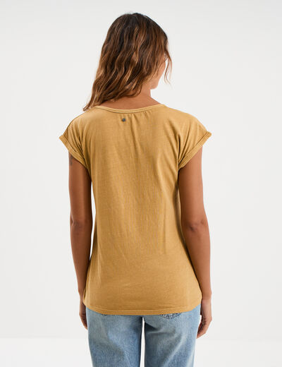 T-shirt coton col en V manches courtes beige moyen femme