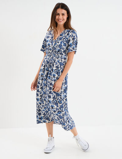 Robe longue empire taille smockée Creeks blanc femme
