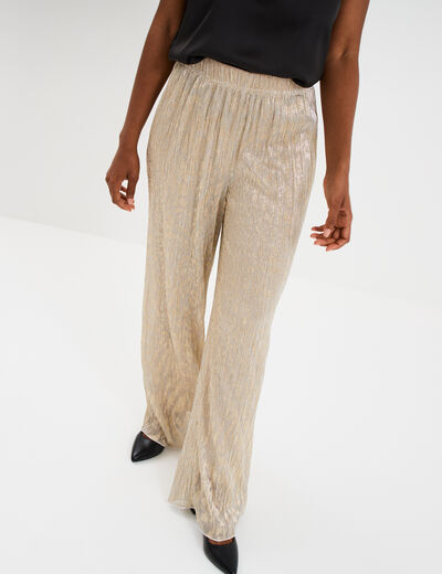 Pantalon plissé taille élastiquée jaune or femme
