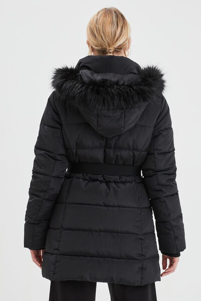 Doudoune ceinturée mi-longue à capuche noir femme