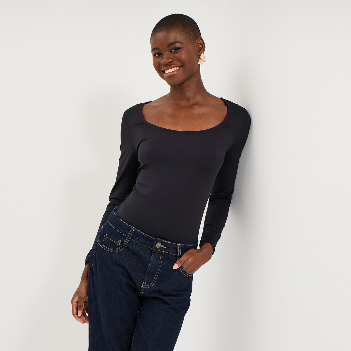 T-shirt ajust&eacute; manches longues noir femme