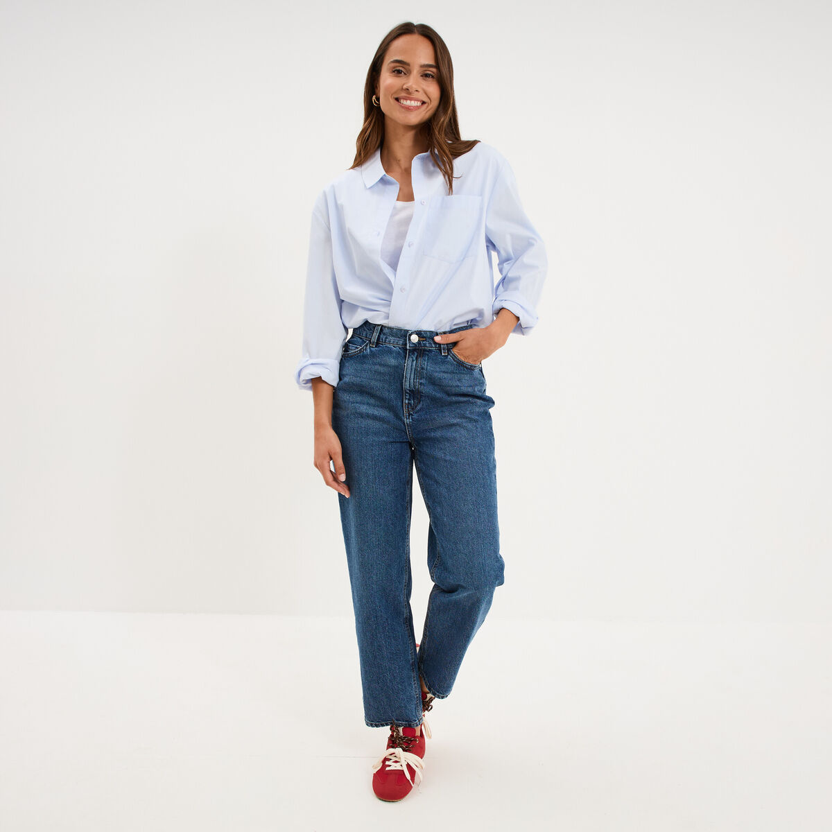 Jeans mom cropped taille haute denim stone femme