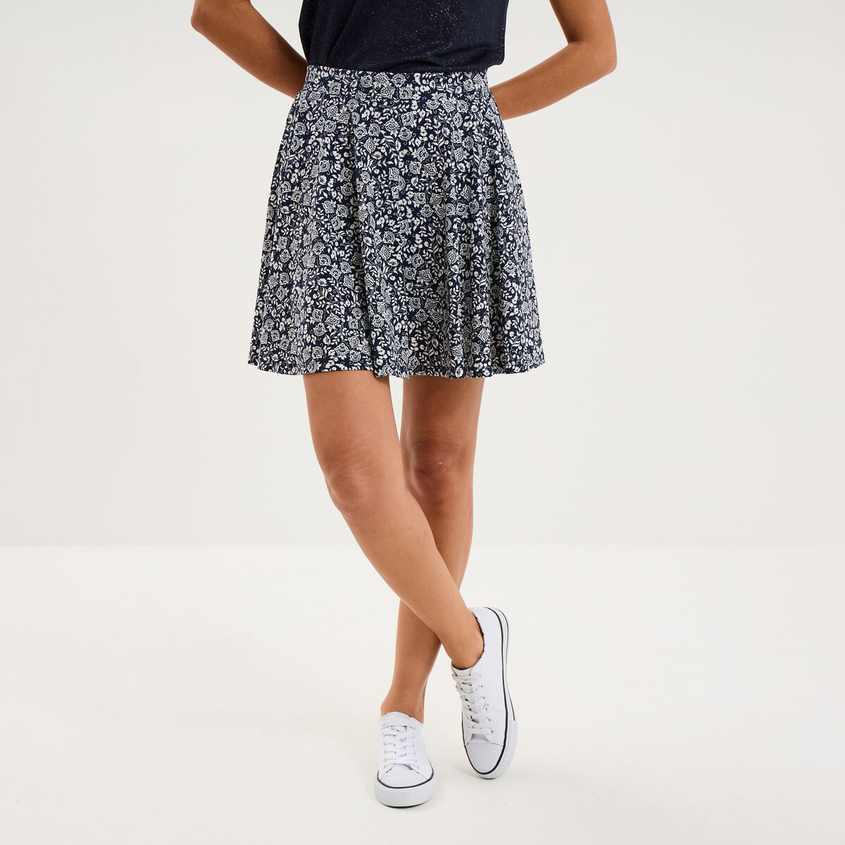 Jupe fluide patineuse avec short int&eacute;gr&eacute; bleu marine femme