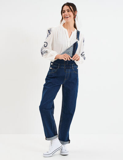 Salopette en jean mom boutonnée bleu foncé femme