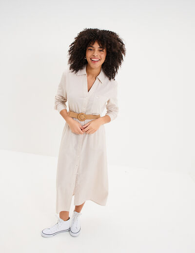 Robe chemise longue ceintur&eacute;e coton beige femme