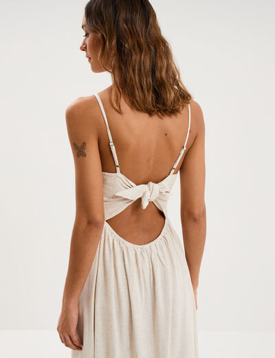 Robe longue buste smock&eacute; lin m&eacute;lang&eacute; beige femme