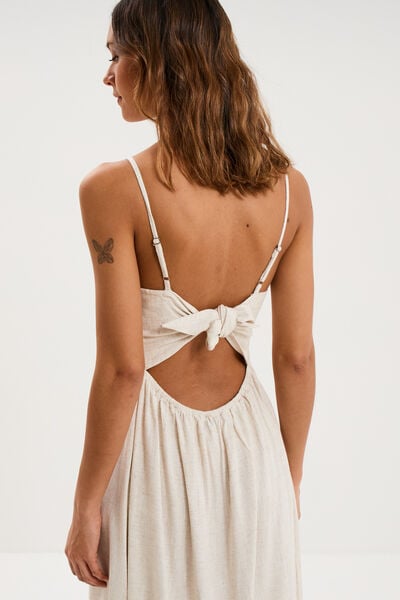 Robe longue buste smock&eacute; lin m&eacute;lang&eacute; beige femme