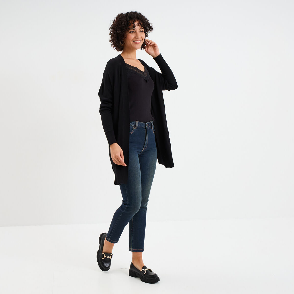 Gilet mi-long manches longues noir femme