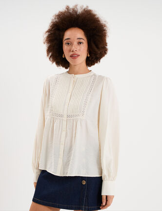 Blouse manches longues galons et fronces ecru femme