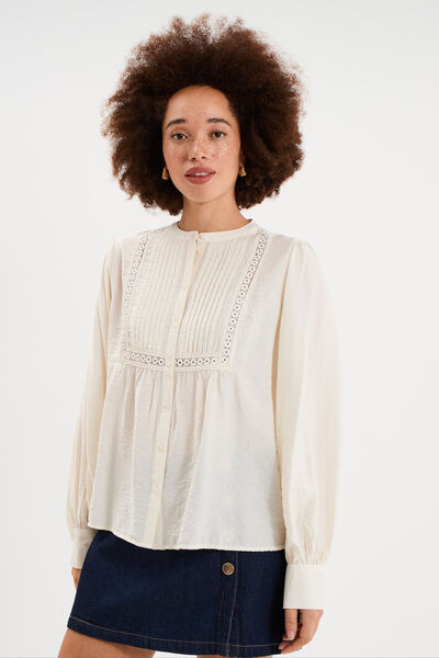 Blouse manches longues galons et fronces ecru femme