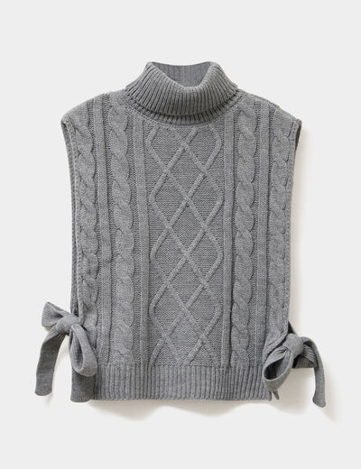 Pull poncho col roul&eacute; sans manches gris femme