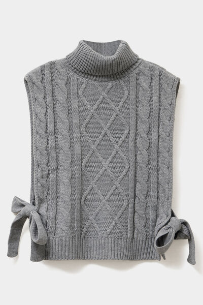 Pull poncho col roul&eacute; sans manches gris femme