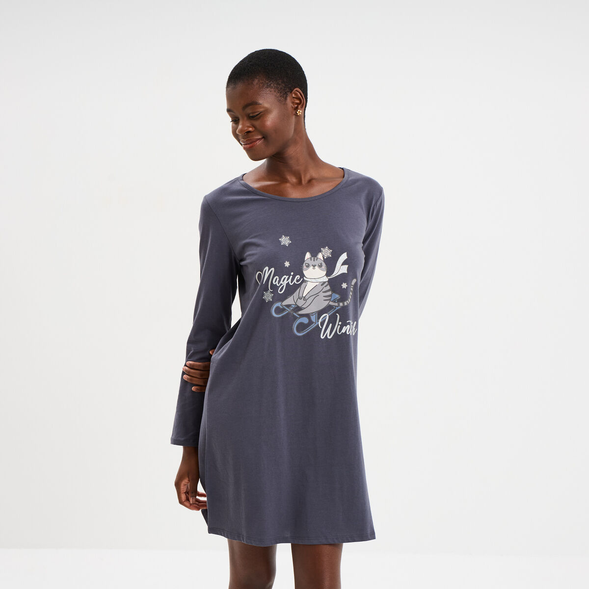 Chemise de nuit manches longues coton bleu gris femme