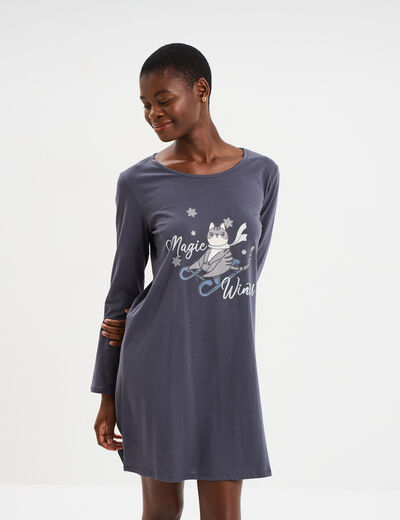 Chemise de nuit manches longues coton bleu gris femme